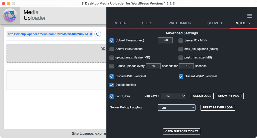 Configure upload limits, server throttling, scheduled pauses, file logging, and server debug logging.