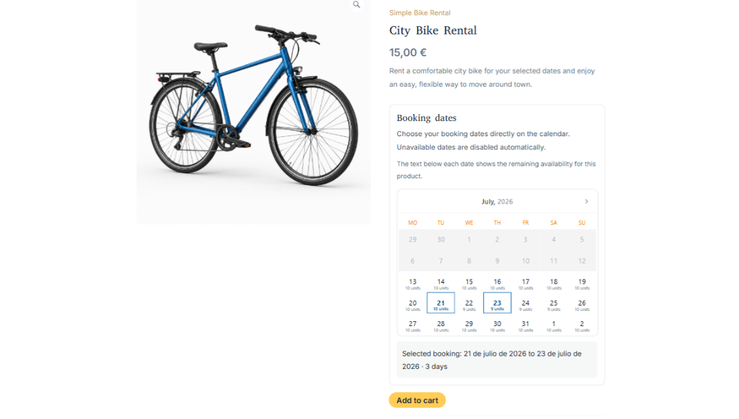 Booking date picker on a WooCommerce product page.