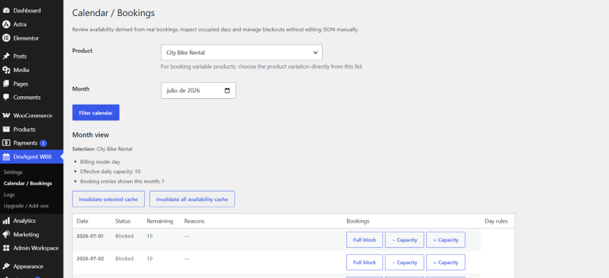 Calendar / Bookings admin availability view.