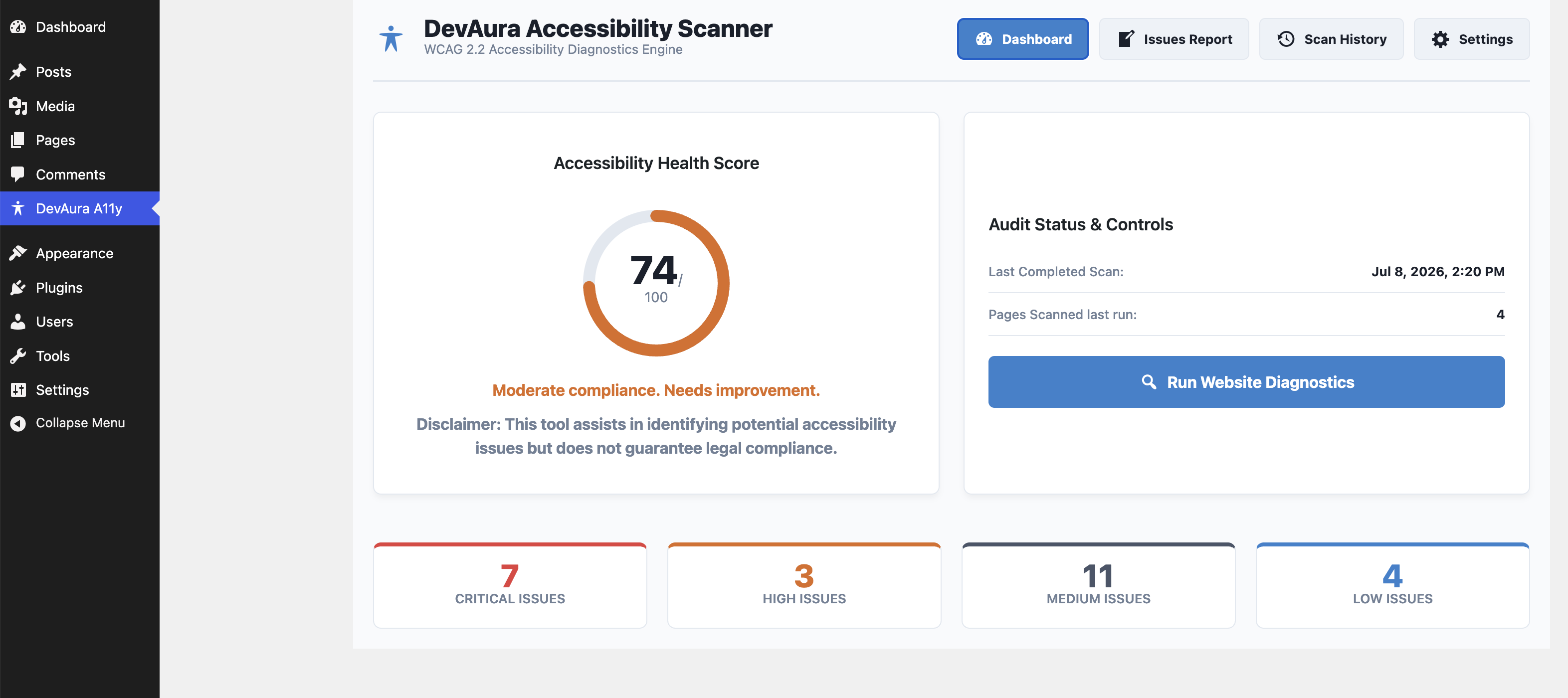 The main DevAura Accessibility Scanner Dashboard showing compliance health score and general audit controls.