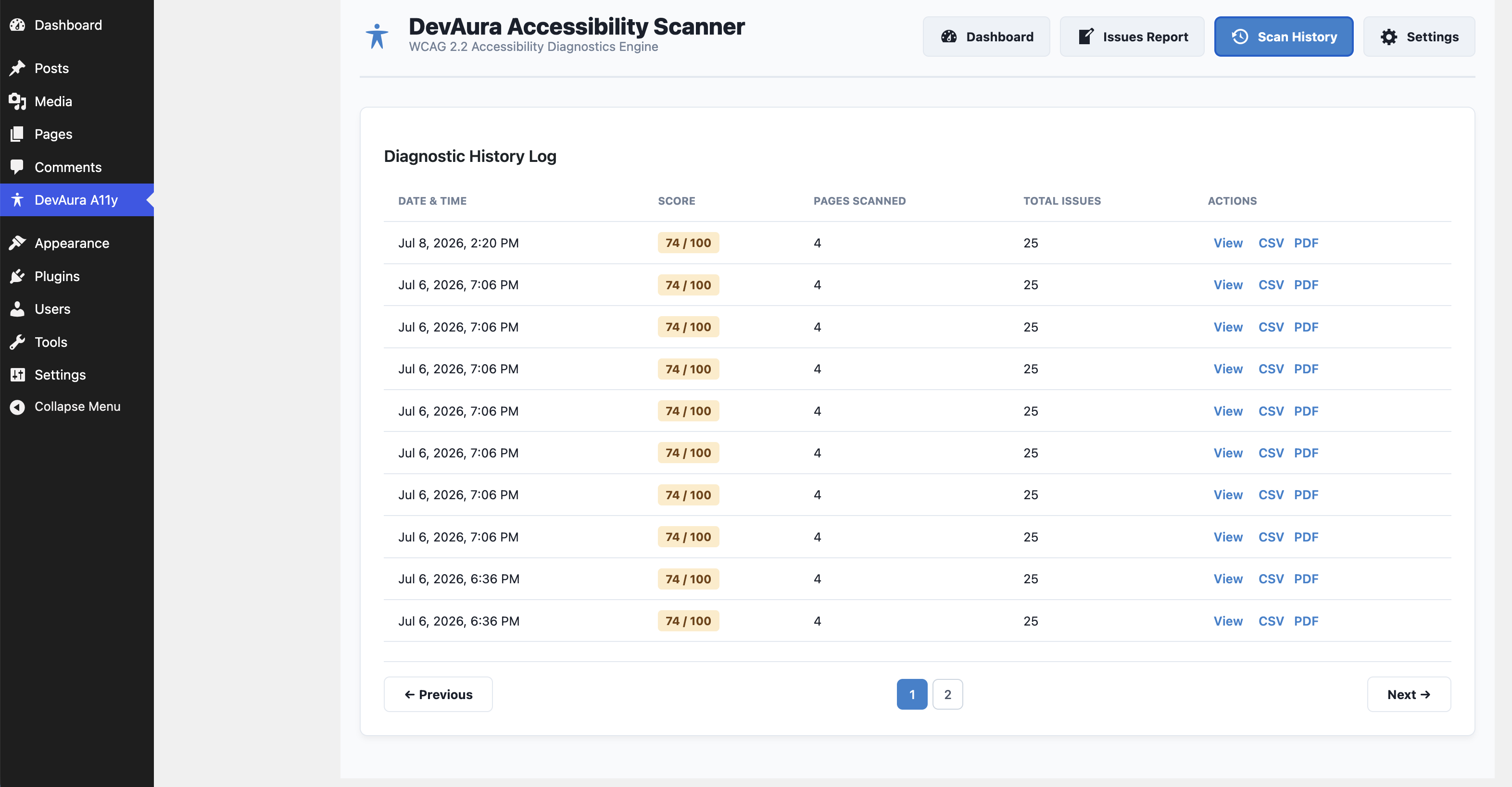 Scan history log displaying previous scan records, compliance scores, and actions.