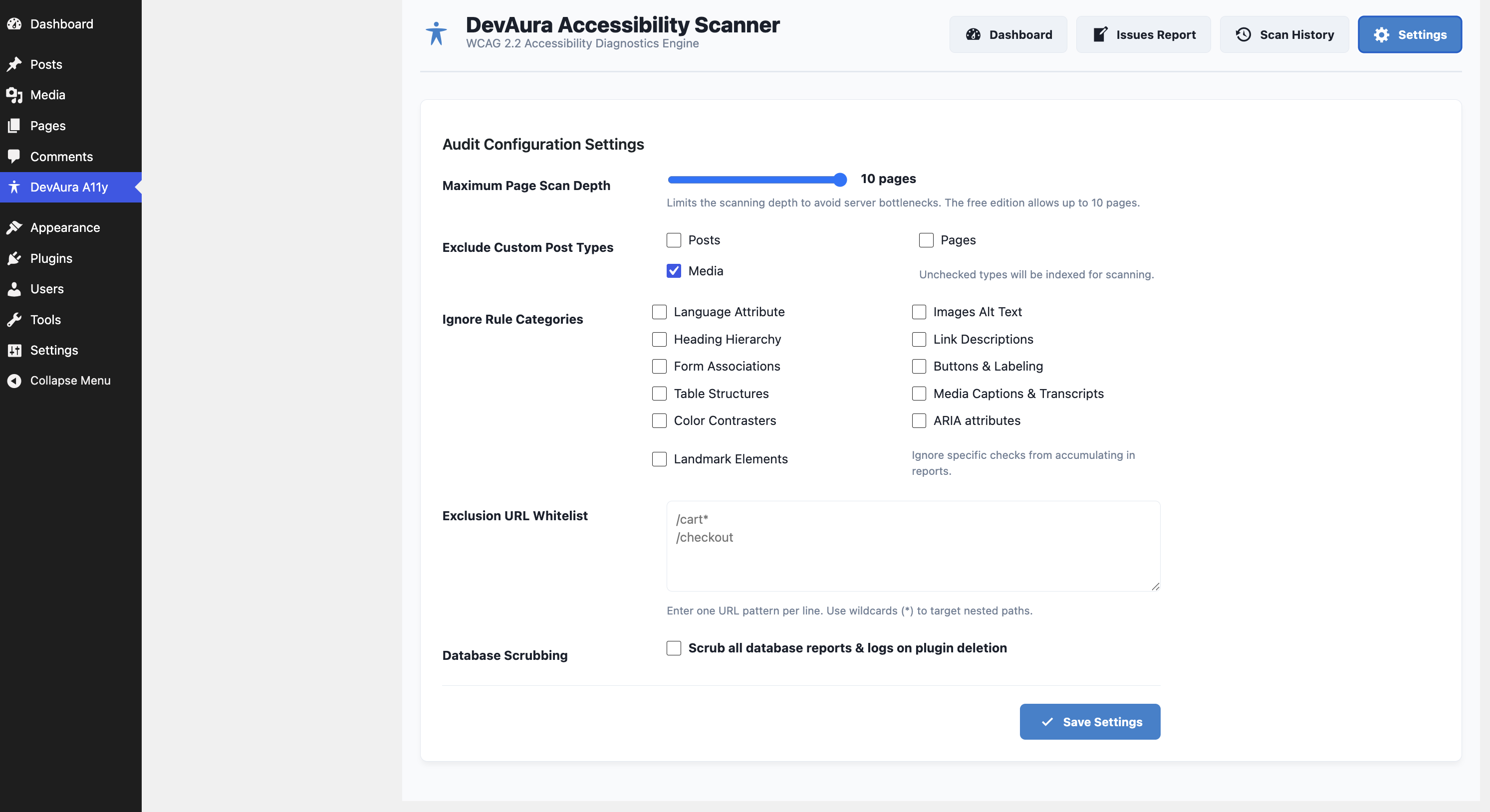 Settings Panel for customizing the scanner preferences and database cleanup options on uninstall.
