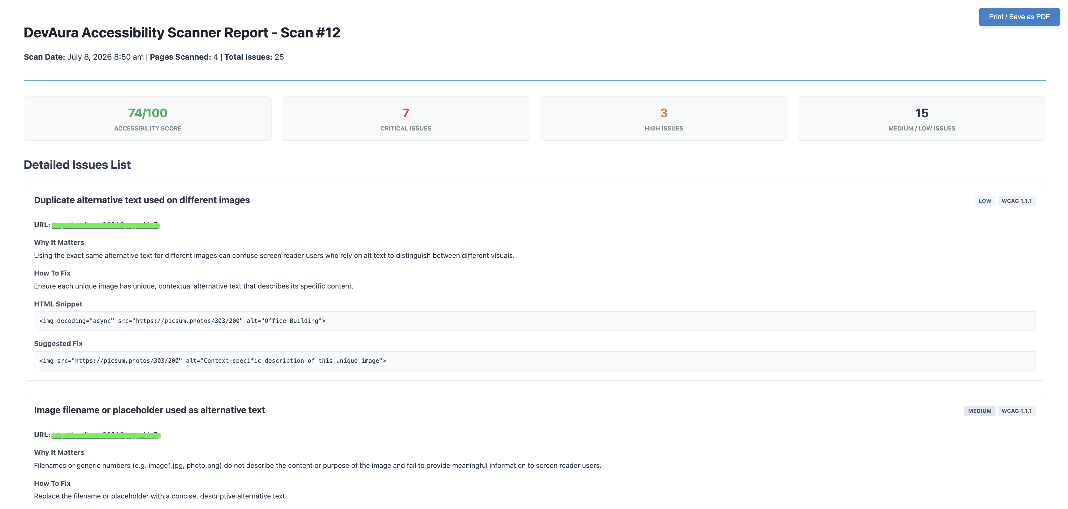 Print-ready PDF report layout for sharing or archiving accessibility audit results.