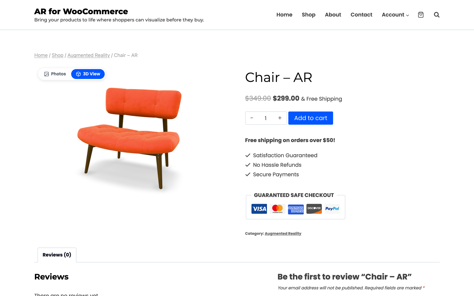 The 3D product viewer with the Photos / 3D View toggle on the WooCommerce product page.