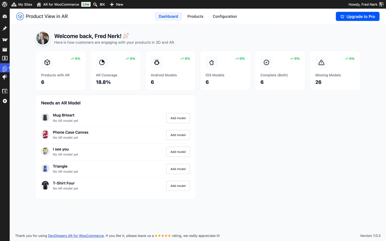 The dashboard with AR model coverage stats.
