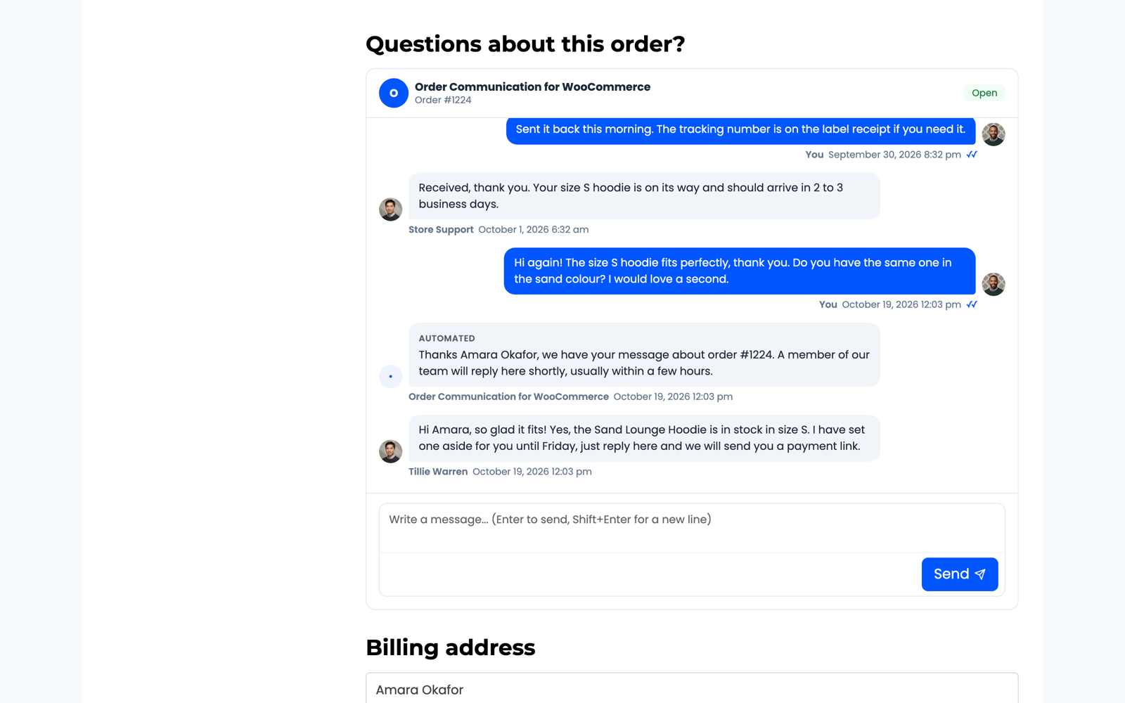 Customers chat about an order from the view order page in My Account.