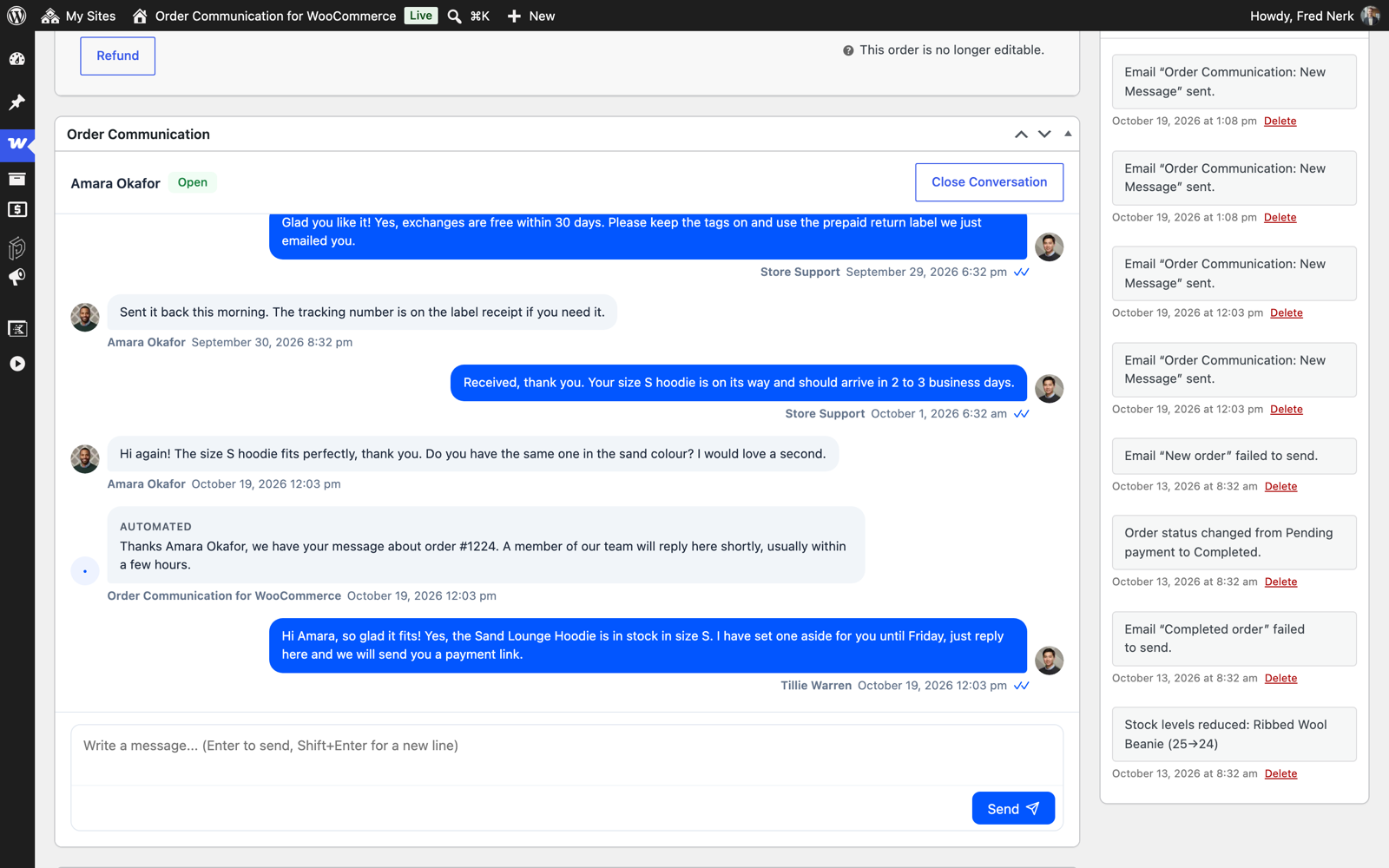 The conversation box on the WooCommerce order edit screen.