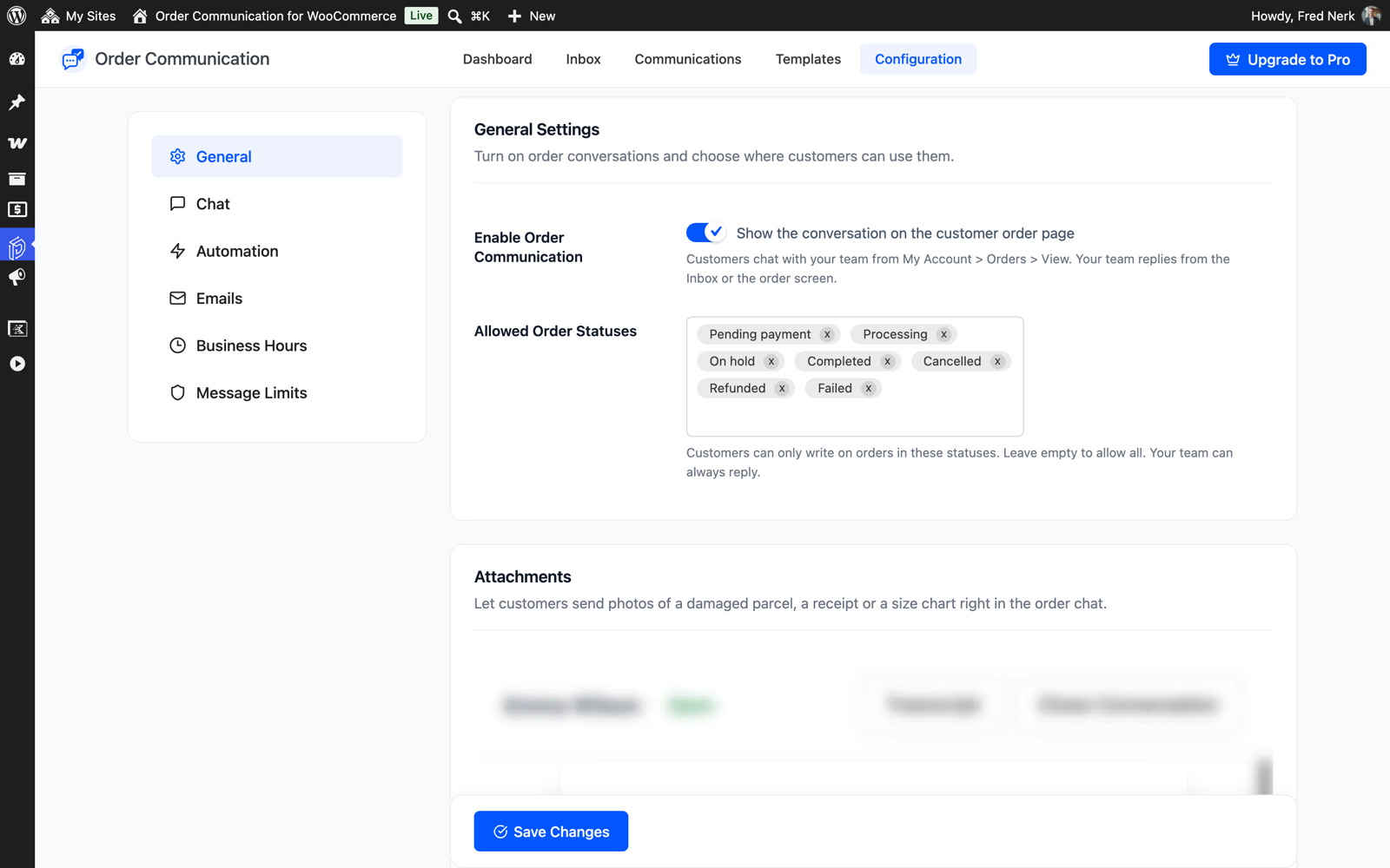 General settings for allowed order statuses and closing conversations.