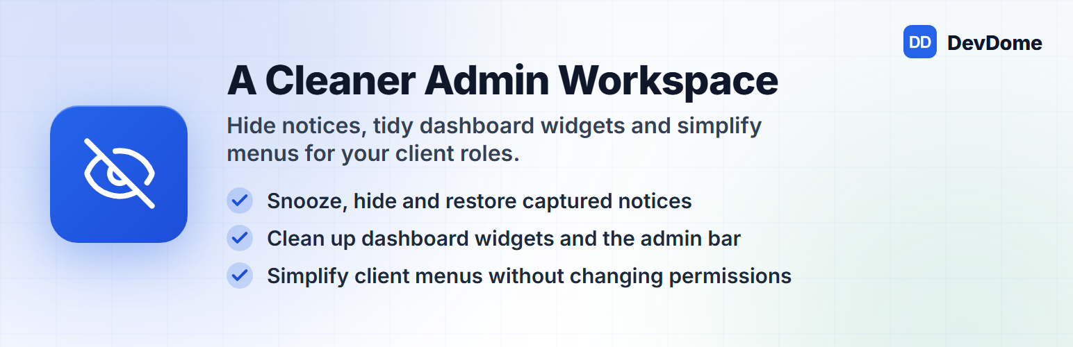 DevDome Admin Cleaner, free WordPress plugin to hide admin notices and dashboard widgets
