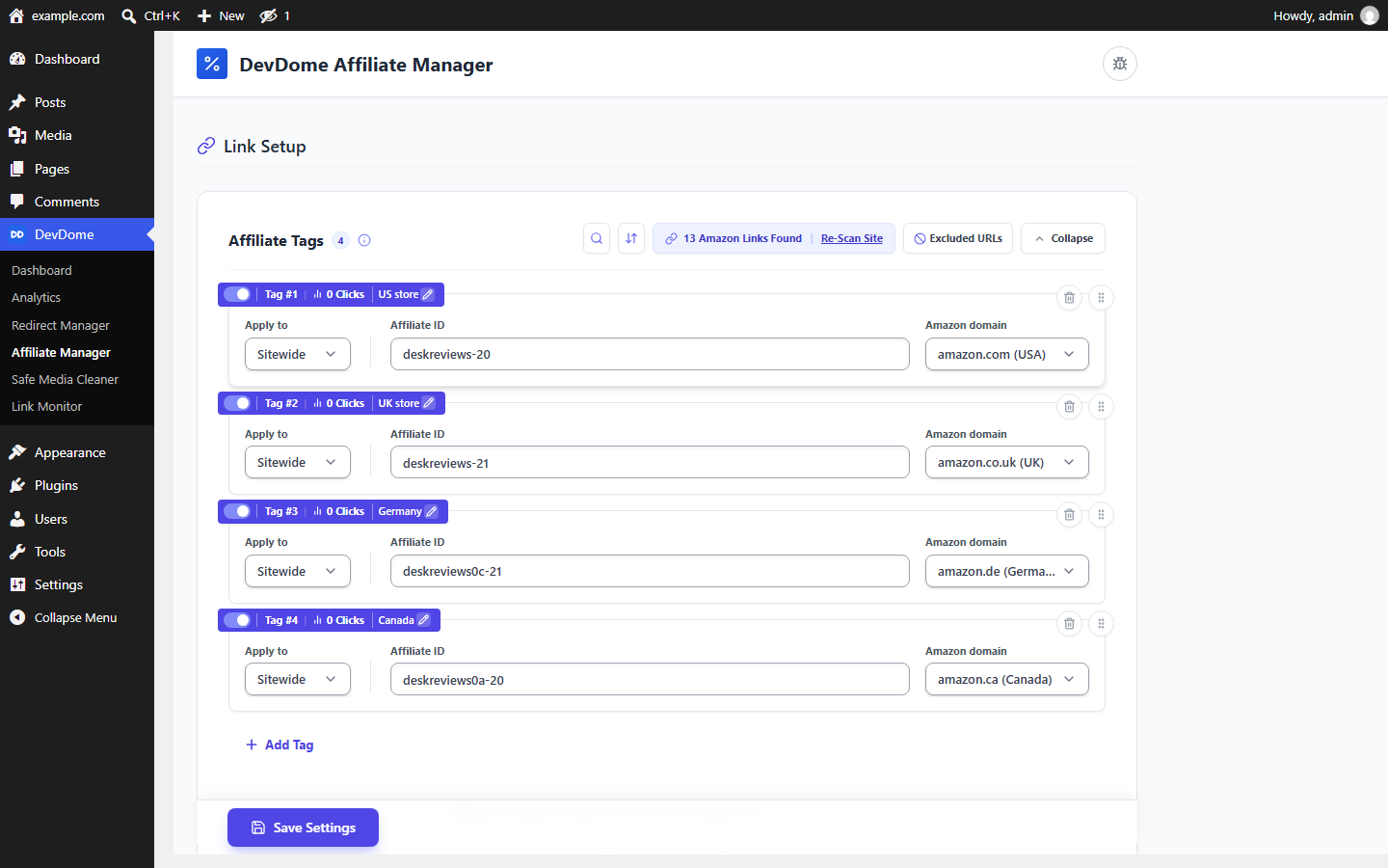 DevDome Affiliate Manager link setup: Amazon Associates tags per marketplace (US, UK, Germany, Canada) applied sitewide or per post, with click counts and local store redirect.