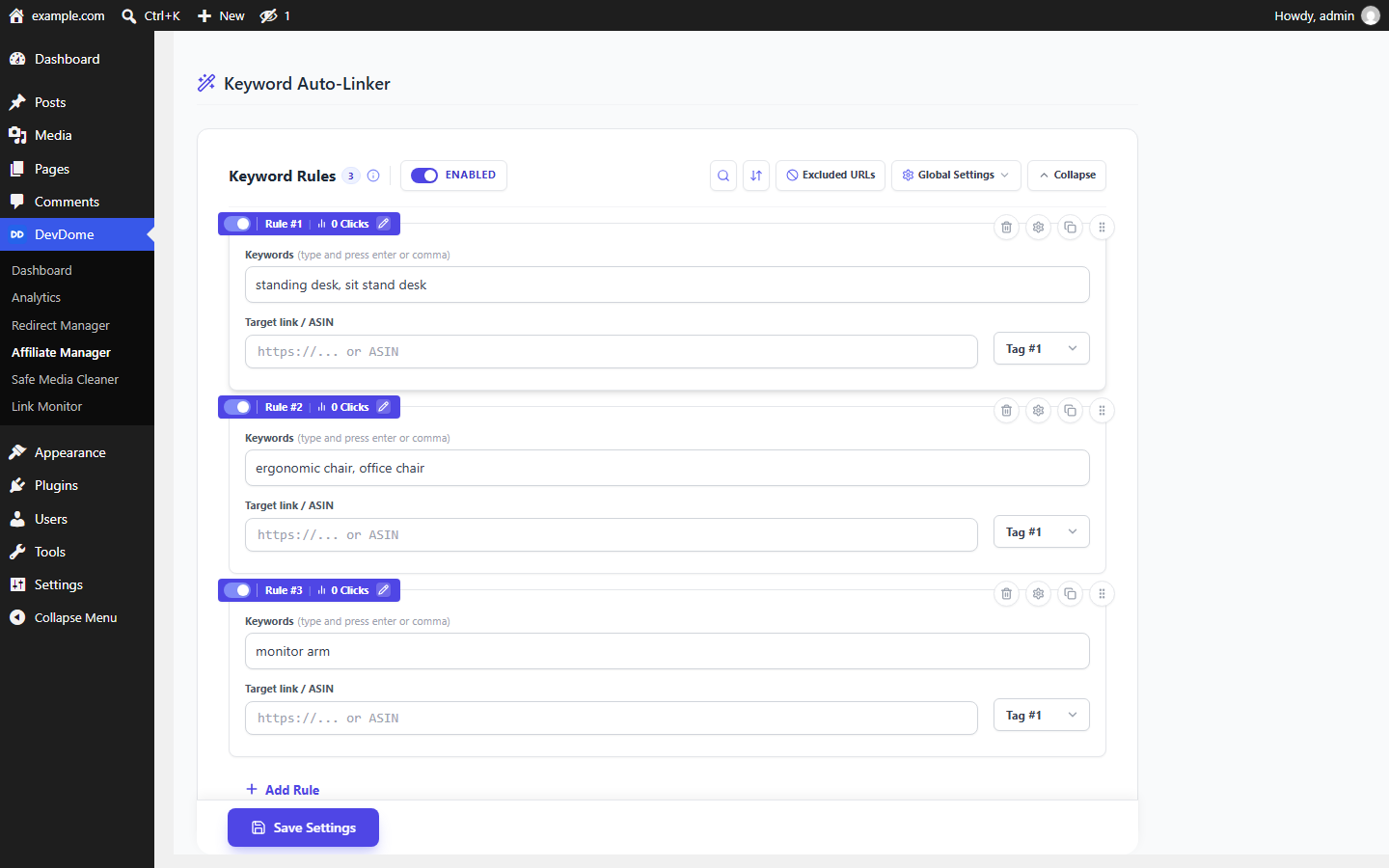 Keyword auto-linker: keywords in WordPress content become tagged Amazon affiliate links automatically, with per-keyword limits.