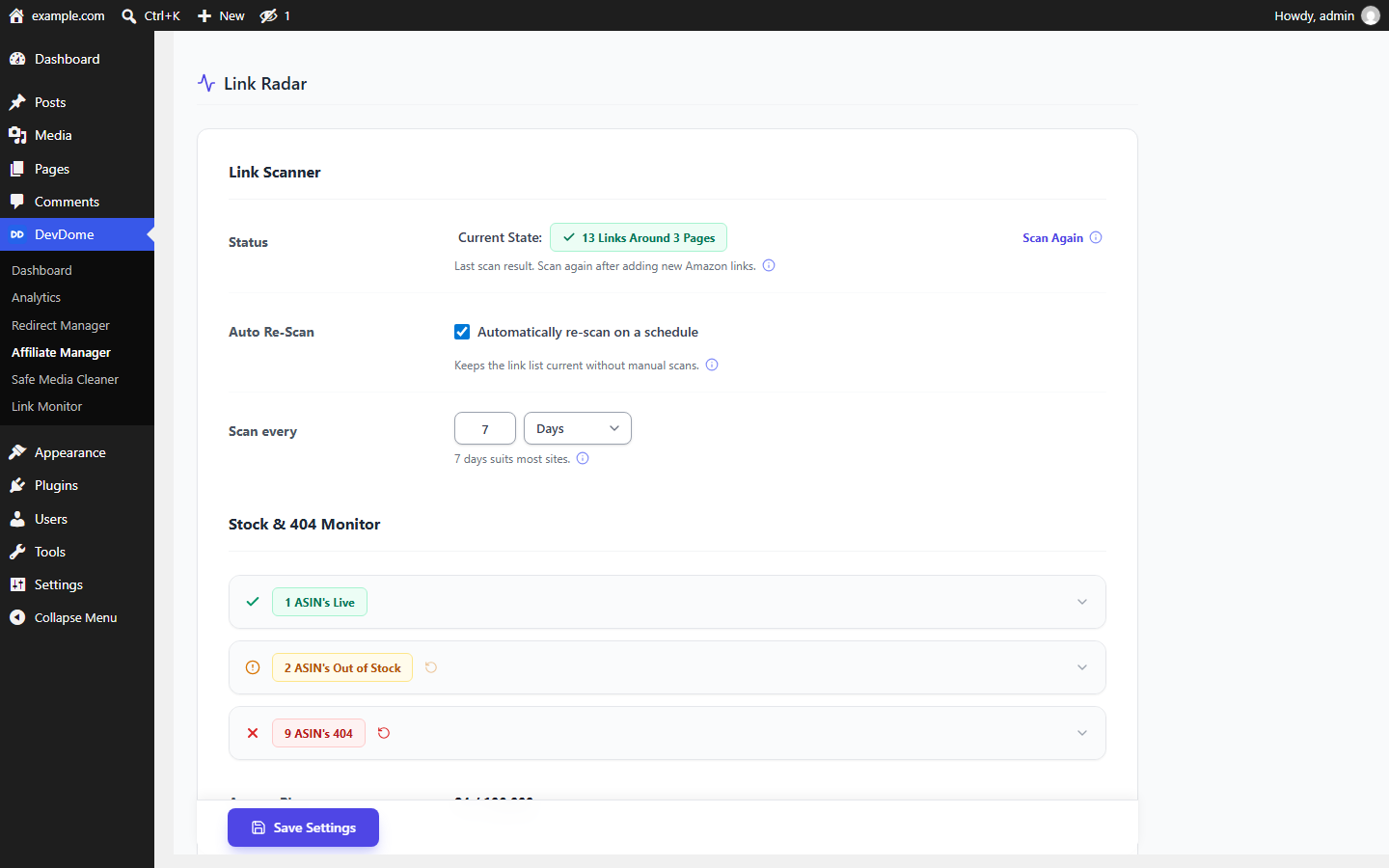 Link Radar scanner: every Amazon affiliate link in posts and pages found automatically, with scheduled re-scans.