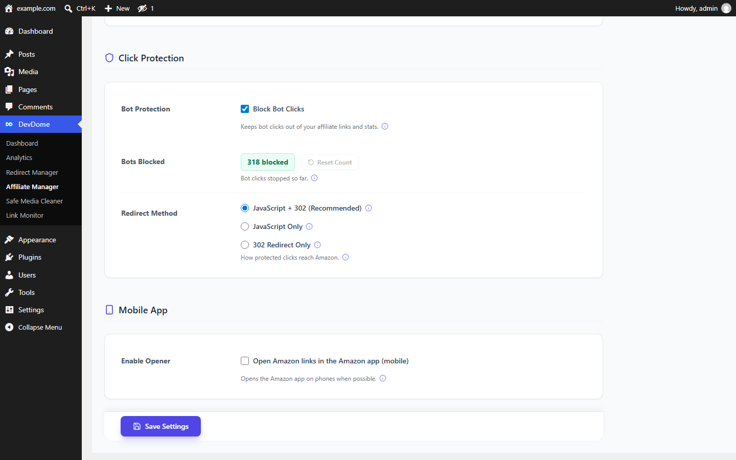 Click protection: bot clicks on affiliate links blocked and counted.