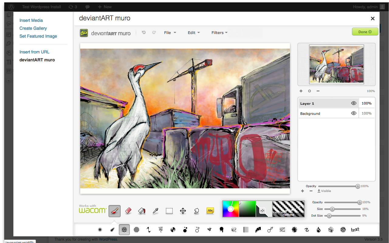 The "Add Media" panel contains an embedded deviantART muro that allows you to draw directly into WordPress.