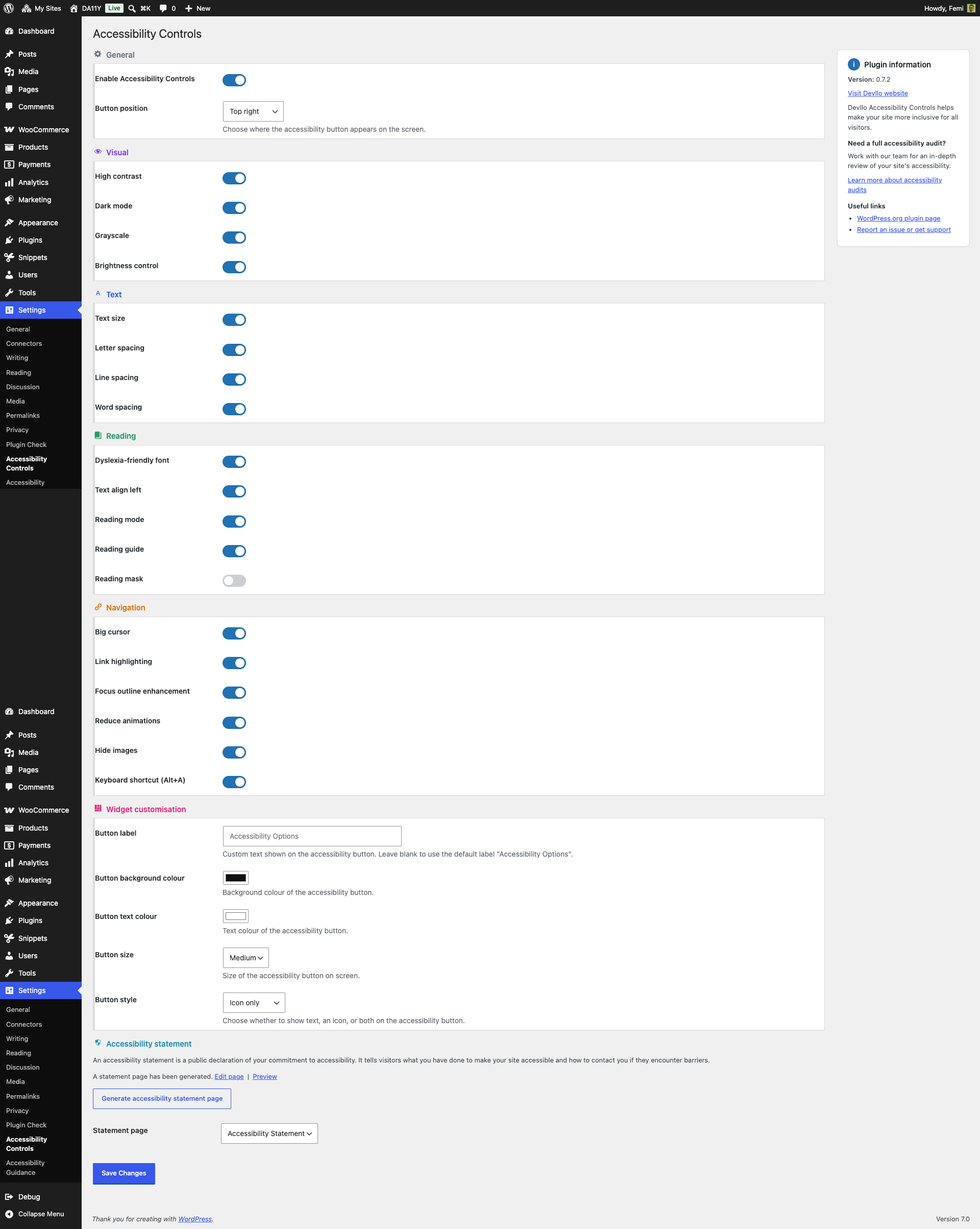 Admin settings page with categorised feature toggles.
