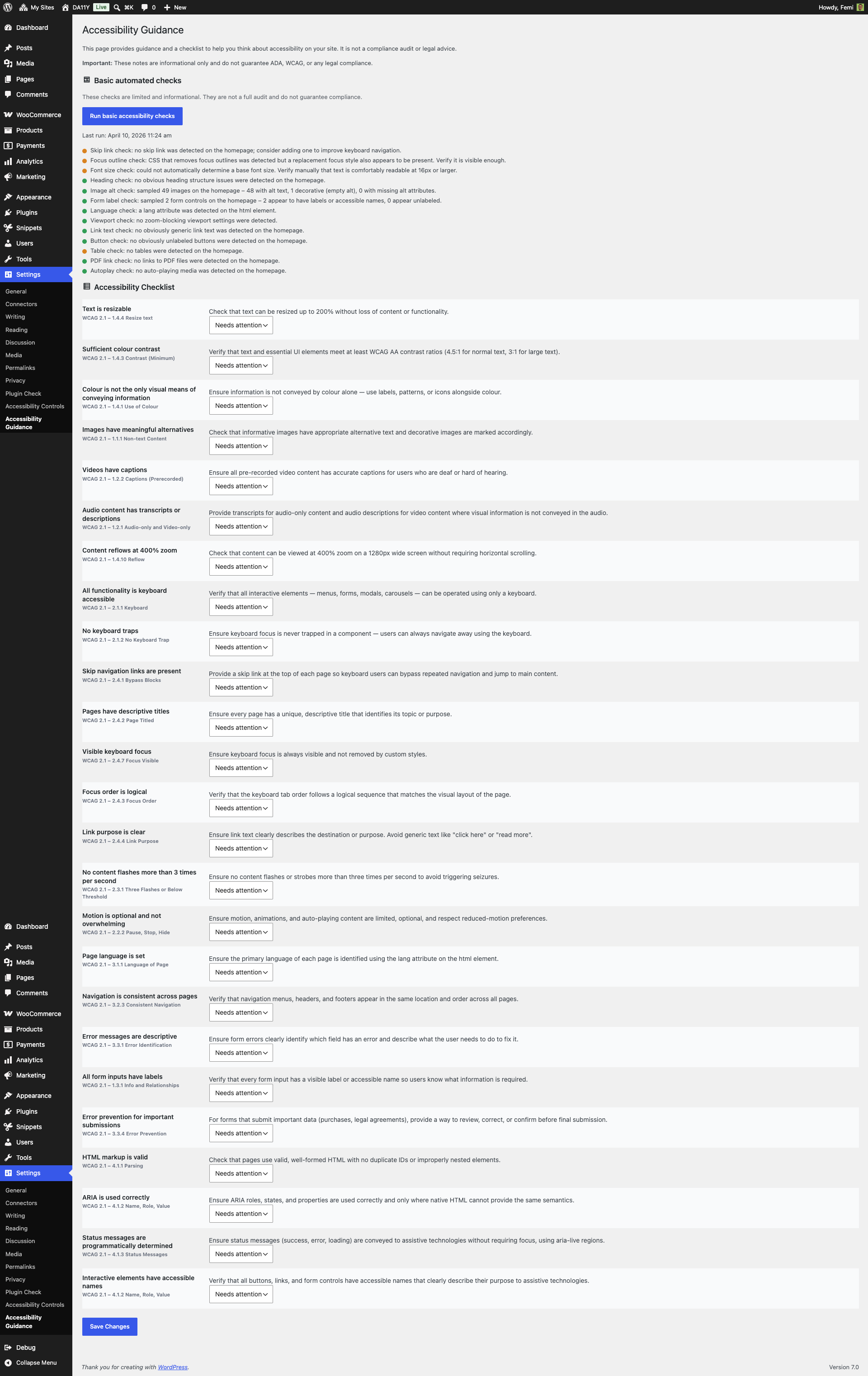 Accessibility guidance page with automated checks and WCAG checklist.