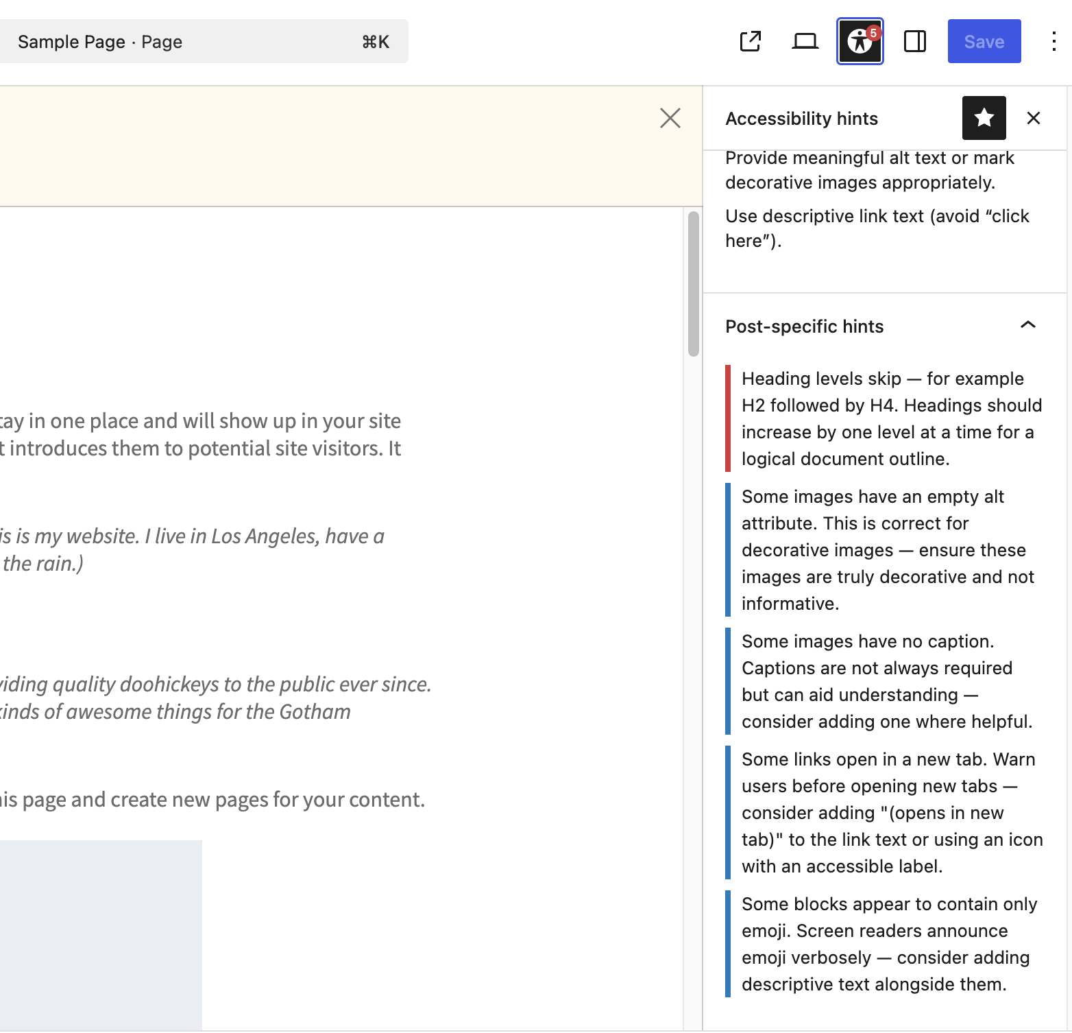 Block editor hints panel with colour-coded warnings.