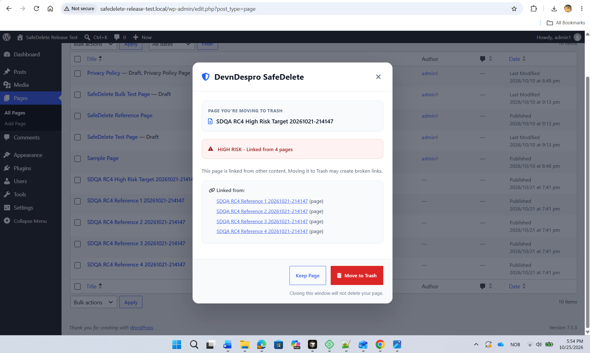 Review the references found before moving a WordPress page to Trash.