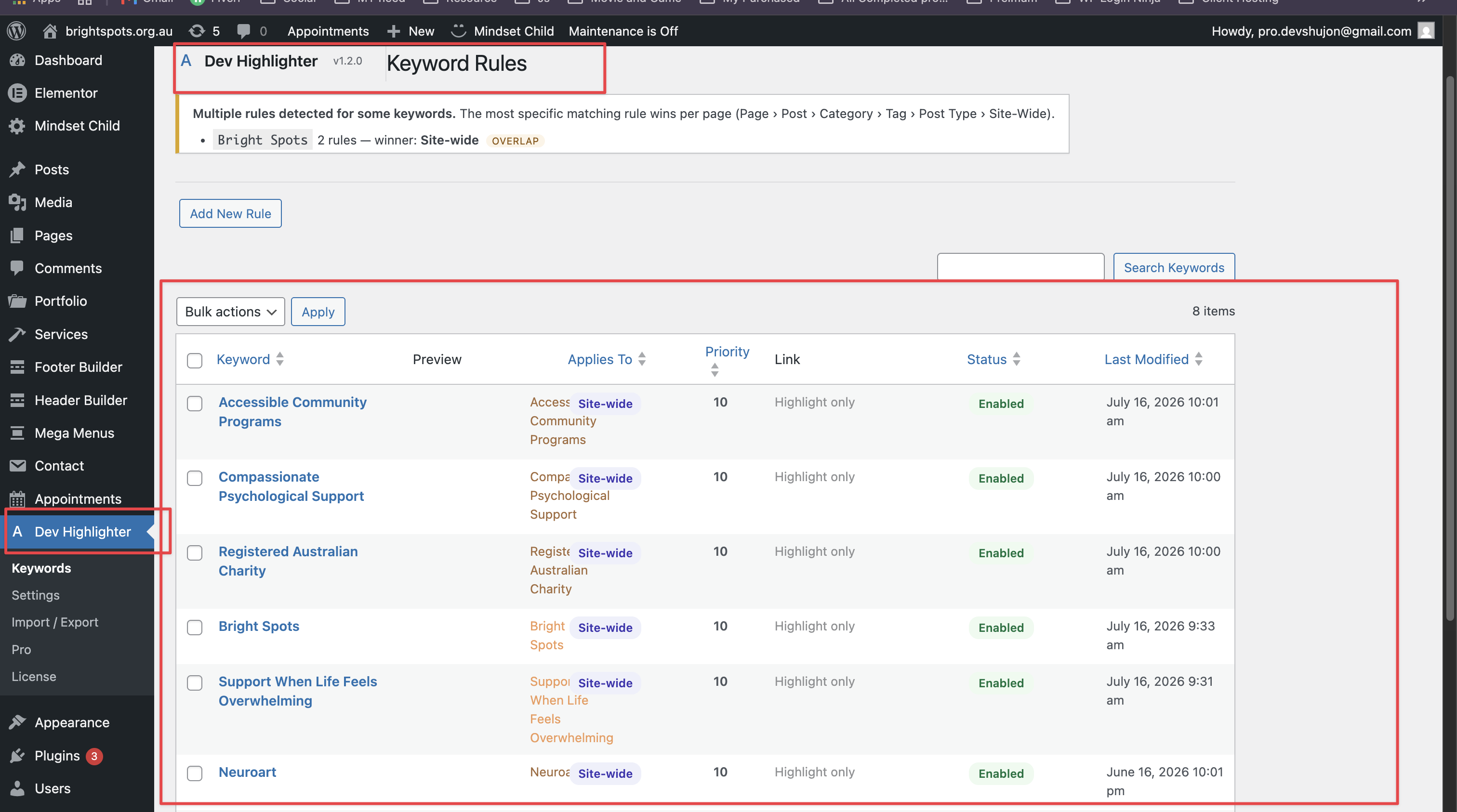 Adding a keyword with colour pickers and styling options.
