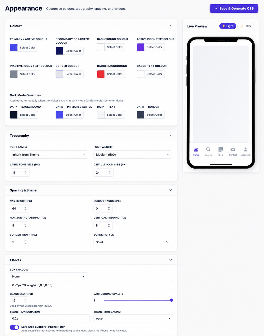 Appearance/Customizer panel
