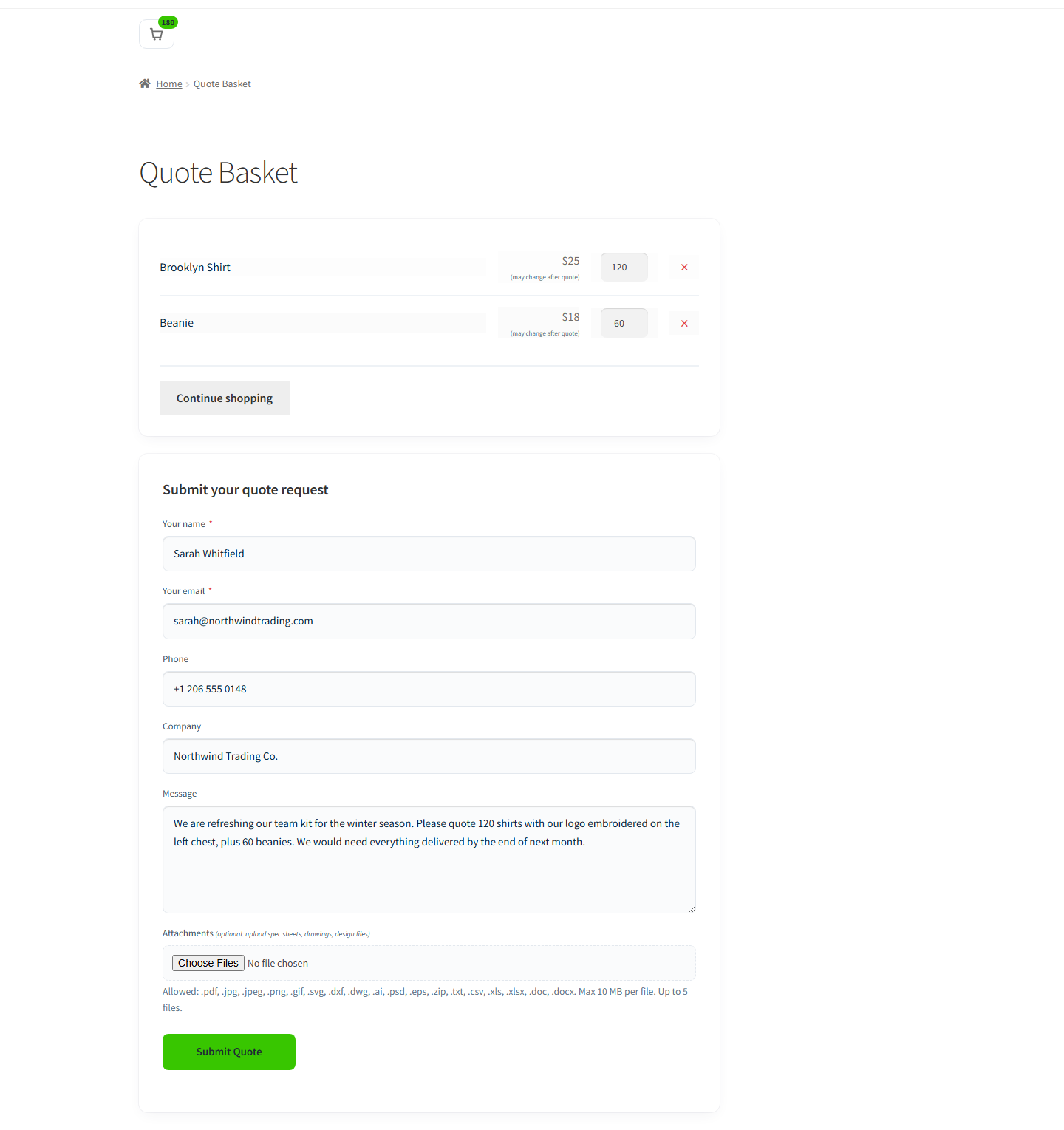 The quote basket page with the request form below the items.