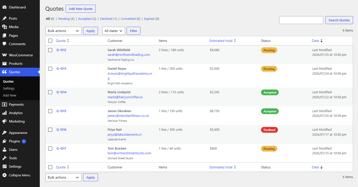 The admin Quotes dashboard with sortable columns, status filters, and search.