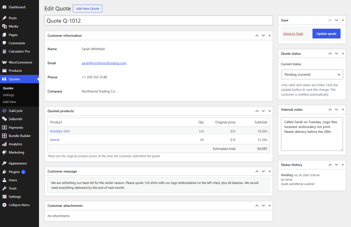 A single quote screen with customer info, products, internal notes, and status history.