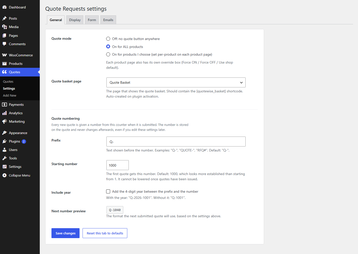 Devtonic Quote Requests settings, with quote mode, the basket page, and quote numbering.