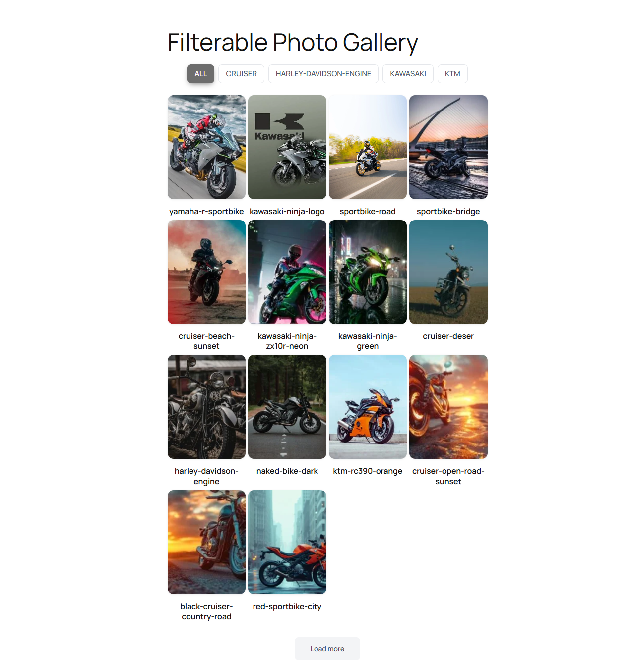 Grid layout on the front end with category filter tabs and a load more button.