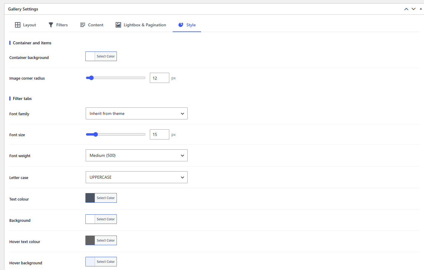Style settings: container, filter tab fonts, colours, borders and radius.