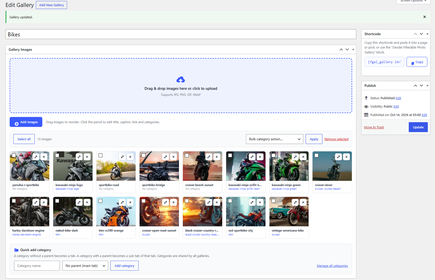 Gallery edit screen: drag-and-drop upload zone, image list and quick add category.