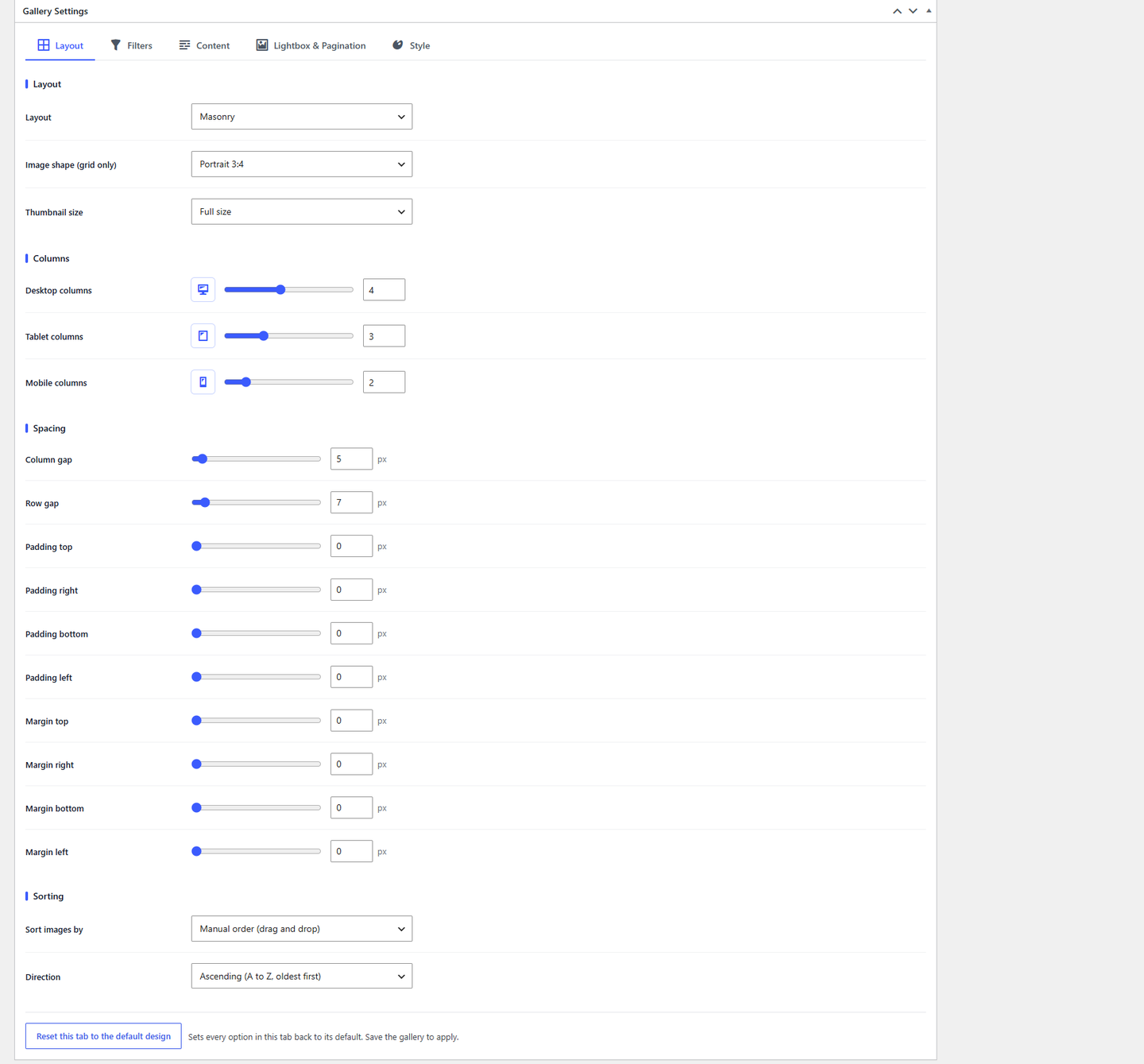 Layout settings: layout type, columns per device, spacing and sorting.