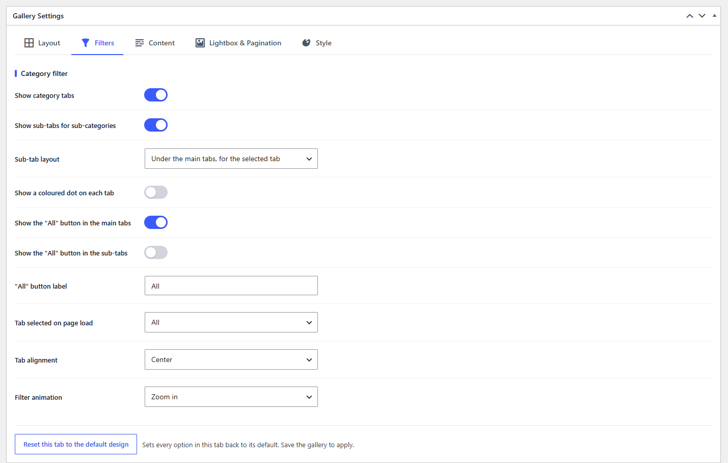 Filters settings: category tabs, sub-tab layout, "All" buttons, alignment and animation.