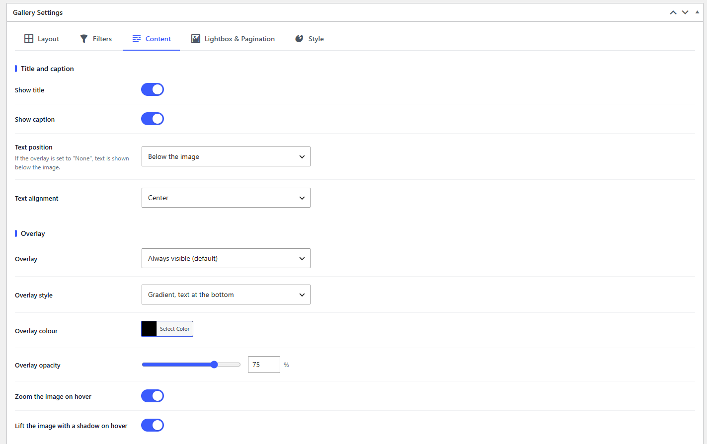 Content settings: title and caption, overlay style, colour and opacity, hover effects.