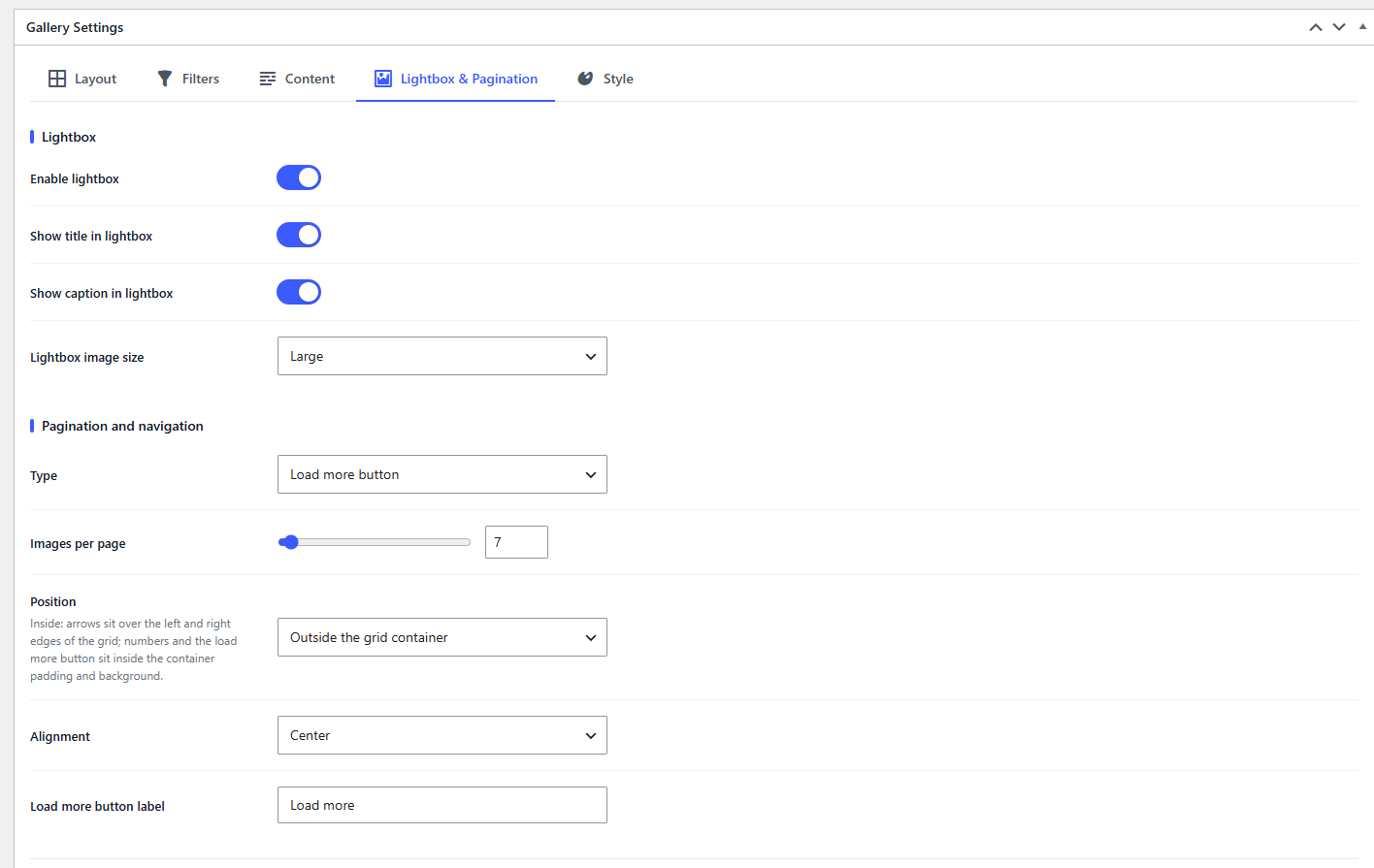 Lightbox and pagination settings: lightbox options, pagination type, position and labels.