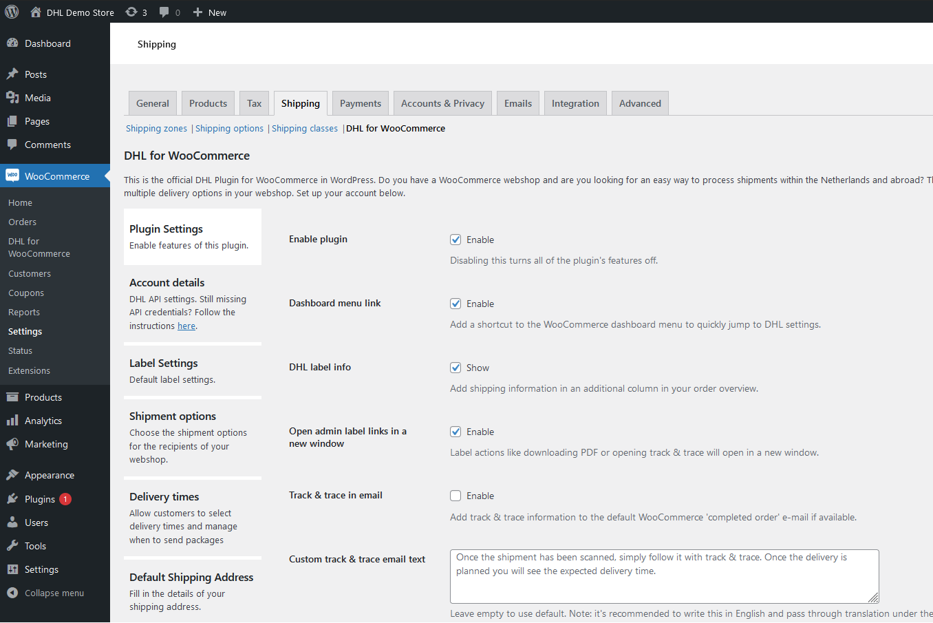 Settings in WooCommerce &gt; Settings &gt; Shipping &gt; DHL for WooCommerce