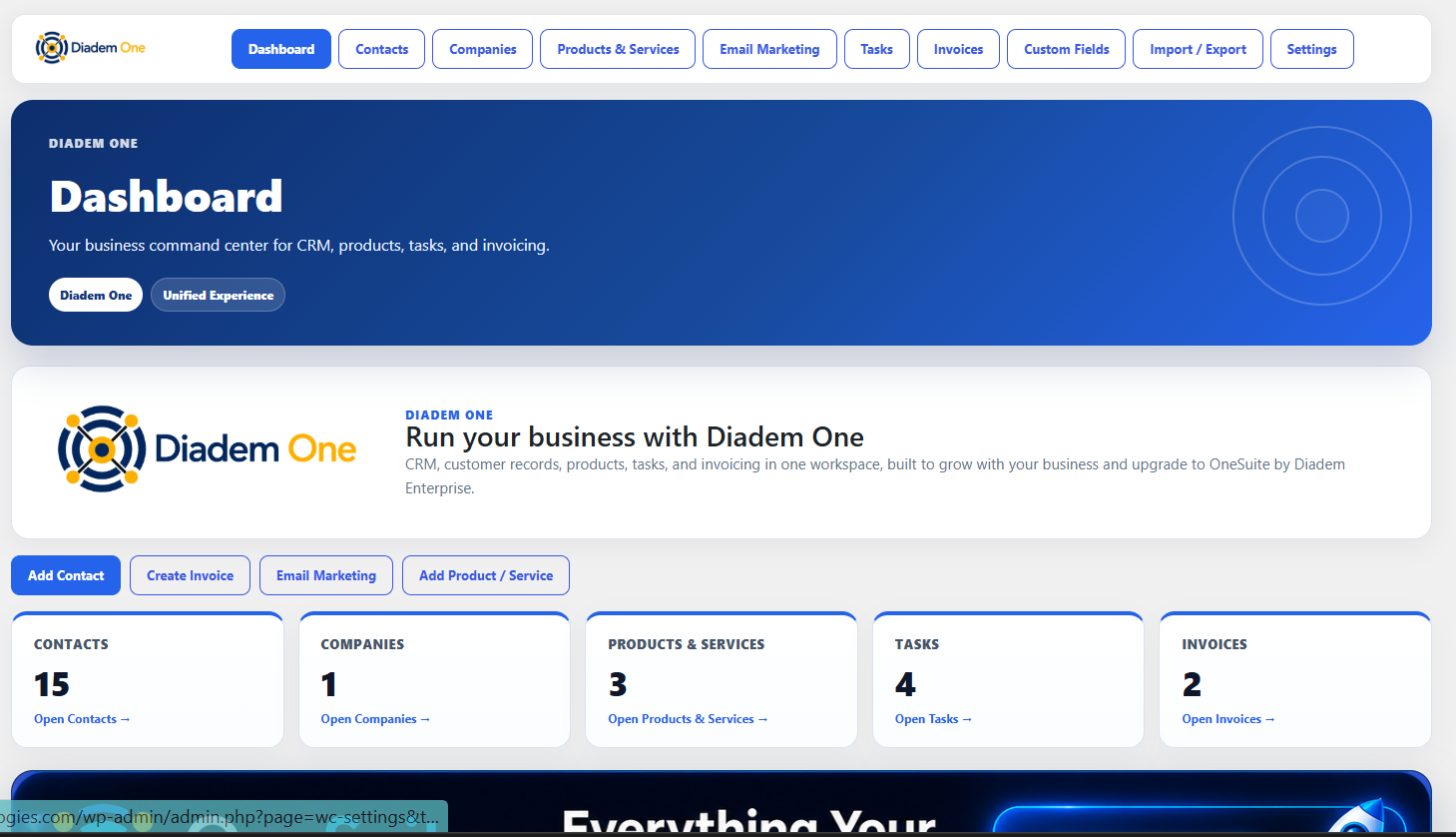 Diadem One dashboard providing an overview of contacts, companies, products and services, tasks, and invoices.