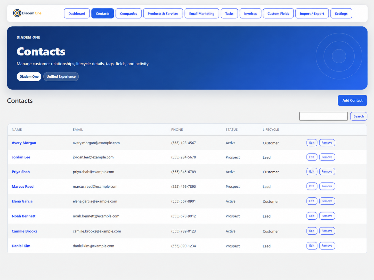 Contacts management for viewing and managing CRM contact records.