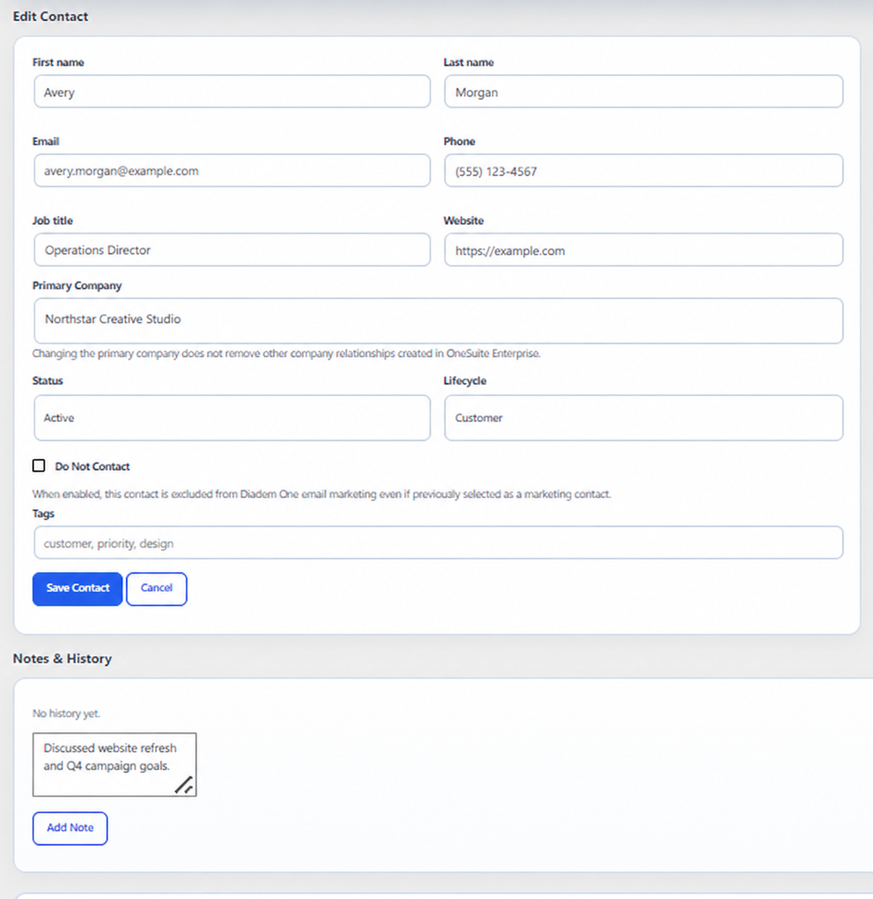Diadem One settings for configuring business and invoice information.