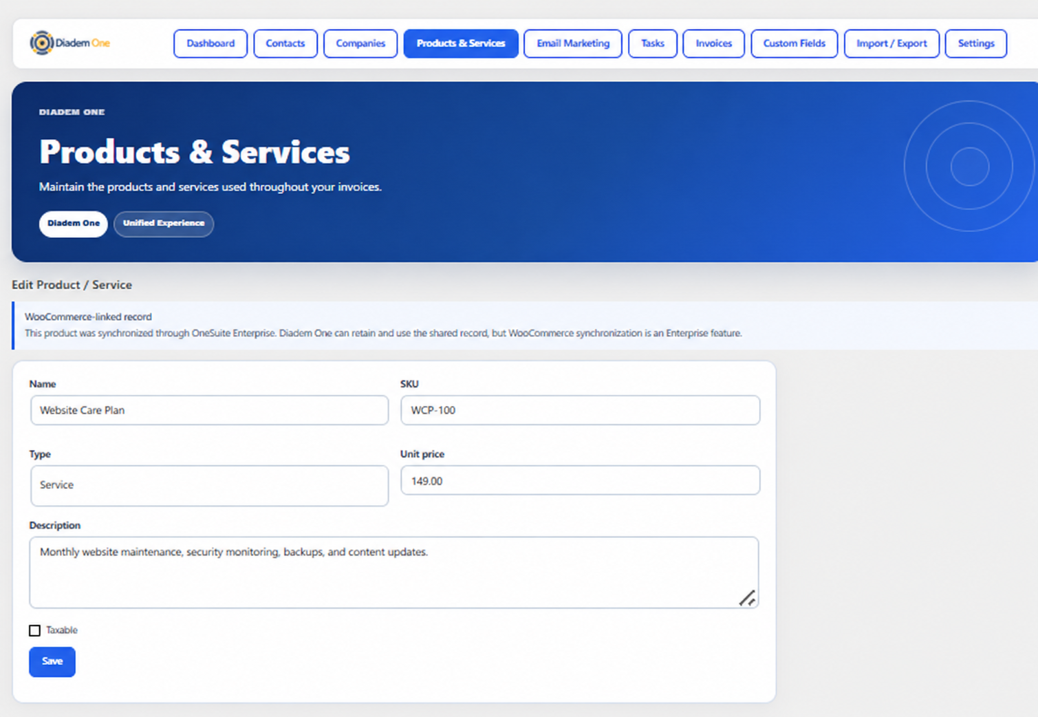Products & Services management for maintaining items used in business records and invoicing.