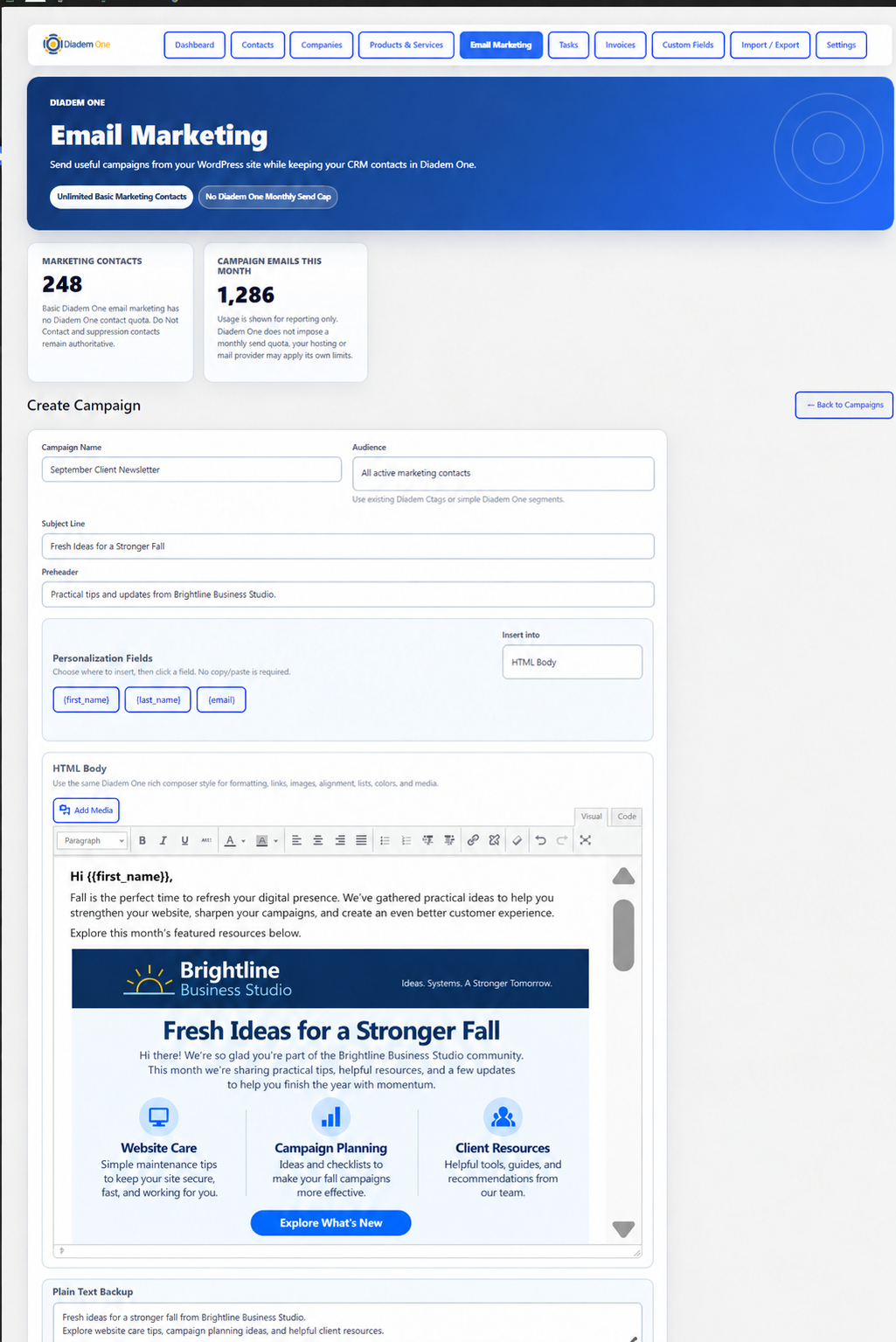 Diadem One dashboard and business-management workspace.