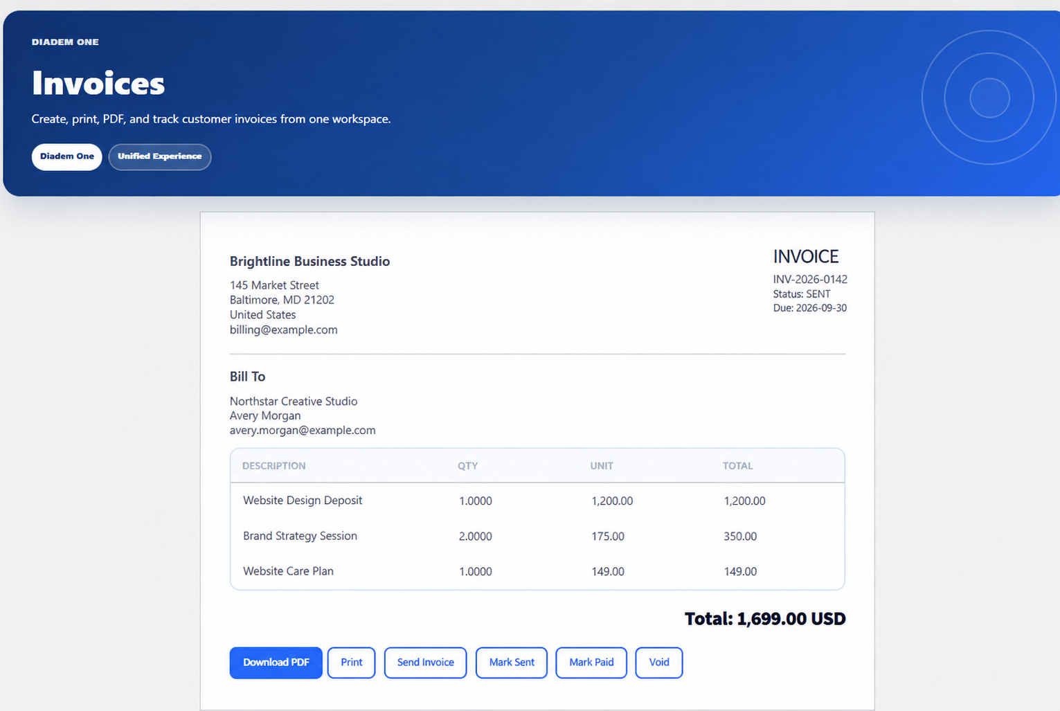 Invoice management for creating, viewing, and managing customer invoices.