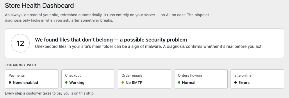 Store Health Dashboard — the money path on one strip: payments, checkout, order emails, orders flowing, site online. See it live in a browser sandbox.