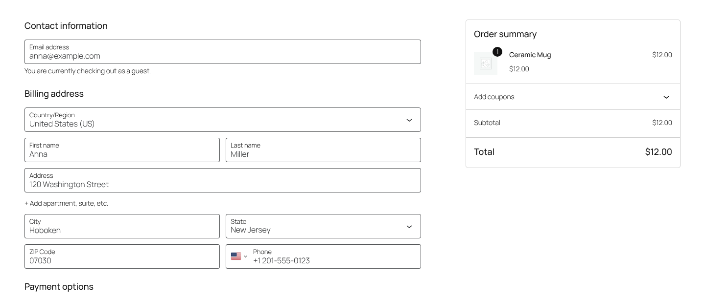 The phone field in the block checkout: the country of the address is preselected and the number is shown in international format.