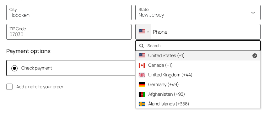 Customers can pick another country from a list with flags and search. The countries you choose are at the top.