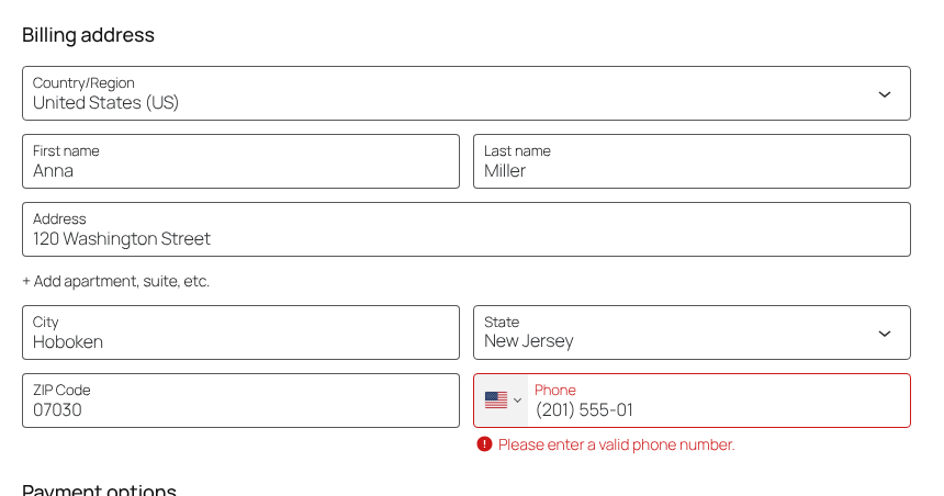 A number that is not valid is explained under the field, before the order is placed.