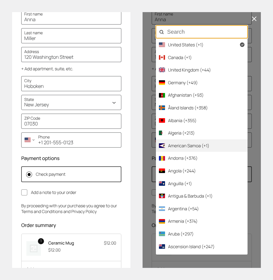 On phones: the phone field, and the country list that opens full screen.
