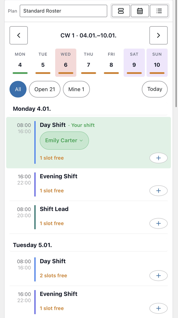 On phones the calendar shows a list: tap + to sign up.