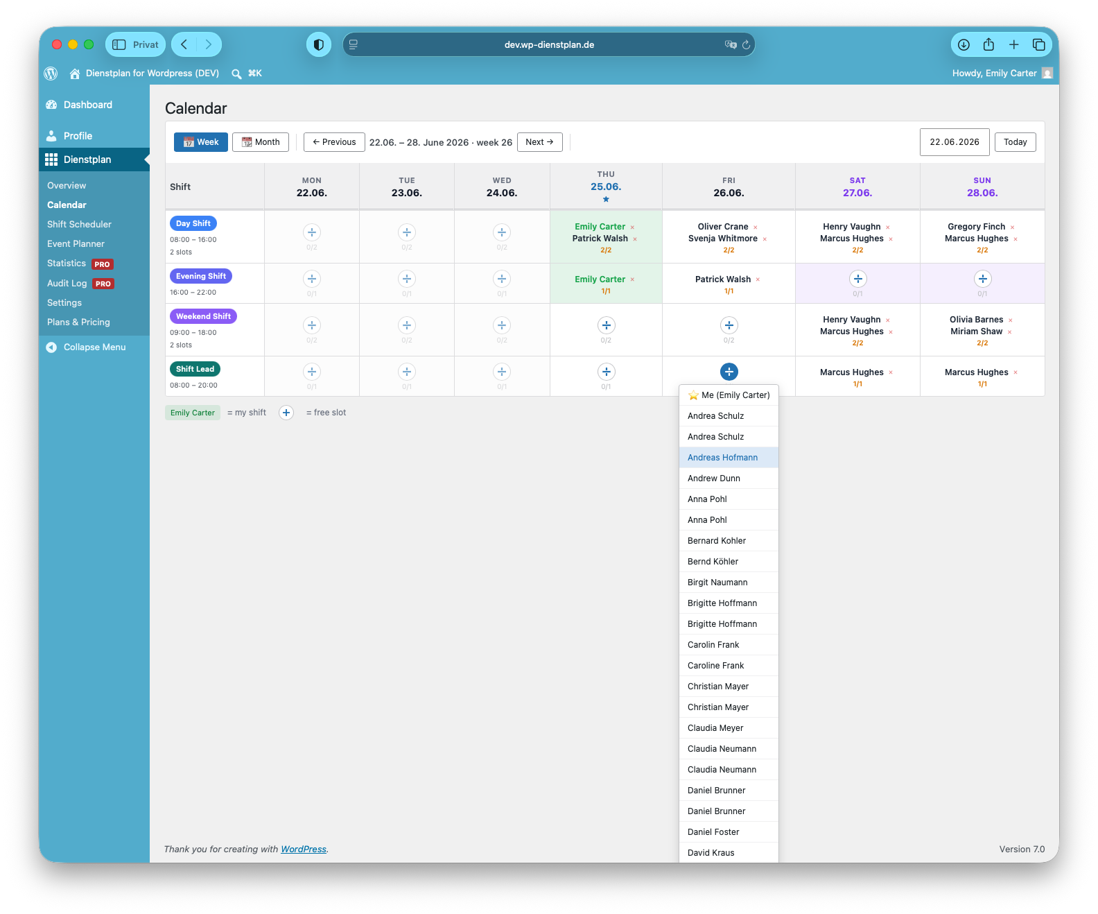 Shift planner in the admin.