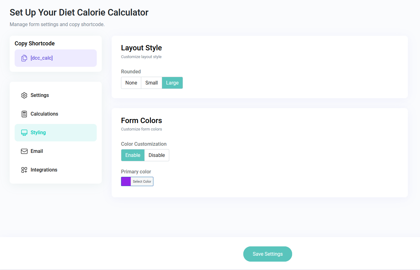 Back-end styling settings